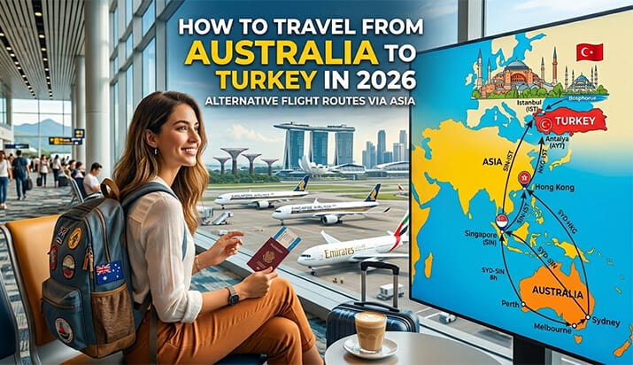 Map showing alternative flight routes from Australia to Istanbul Turkey via Singapore Kuala Lumpur and Bangkok bypassing the Middle East in 2026